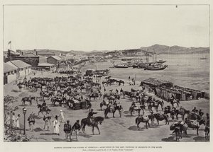 Débarquement des magasins de guerre japonais à Chemulpo, munitions à gauche, pontons en segments à droite